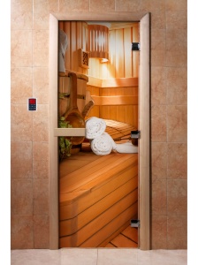 Дверь стеклянная ФОТОПЕЧАТЬ А032 700 х 1800 мм 3 петли,стекло 8 мм,кор ОЛЬХА,ручка-деревян,магнит DW