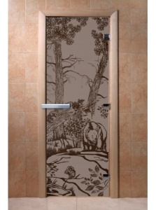 Дверь стеклянная МИШКИ В ЛЕСУ ГРАФИТ МАТОВЫЙ 700 х 1900 мм 3 петли,стекло 8 мм,кор ОСИНА,магнит DW