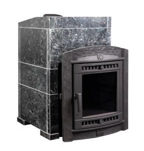 Печь-каменка чугунная АТМОСФЕРА L дверца со стеклом в облицовке ПИРОКСЕНИТ (22 м.куб)